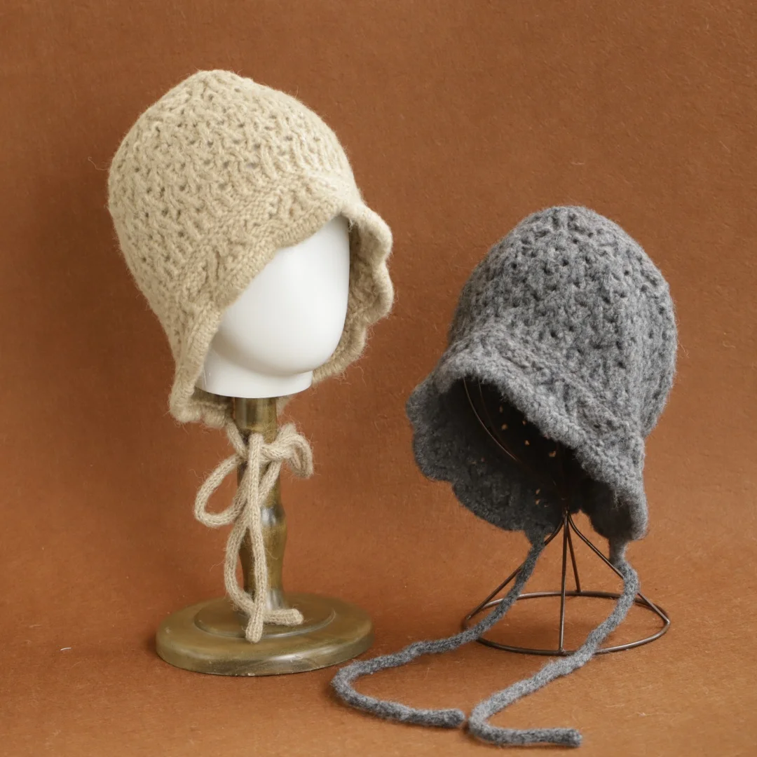 2026 Woolen Yarn Knitted Loose Tie Up Hood Loose Fitting Windproof Warm Hat Soft and Skin Friendly Warm Ear Protection Hat