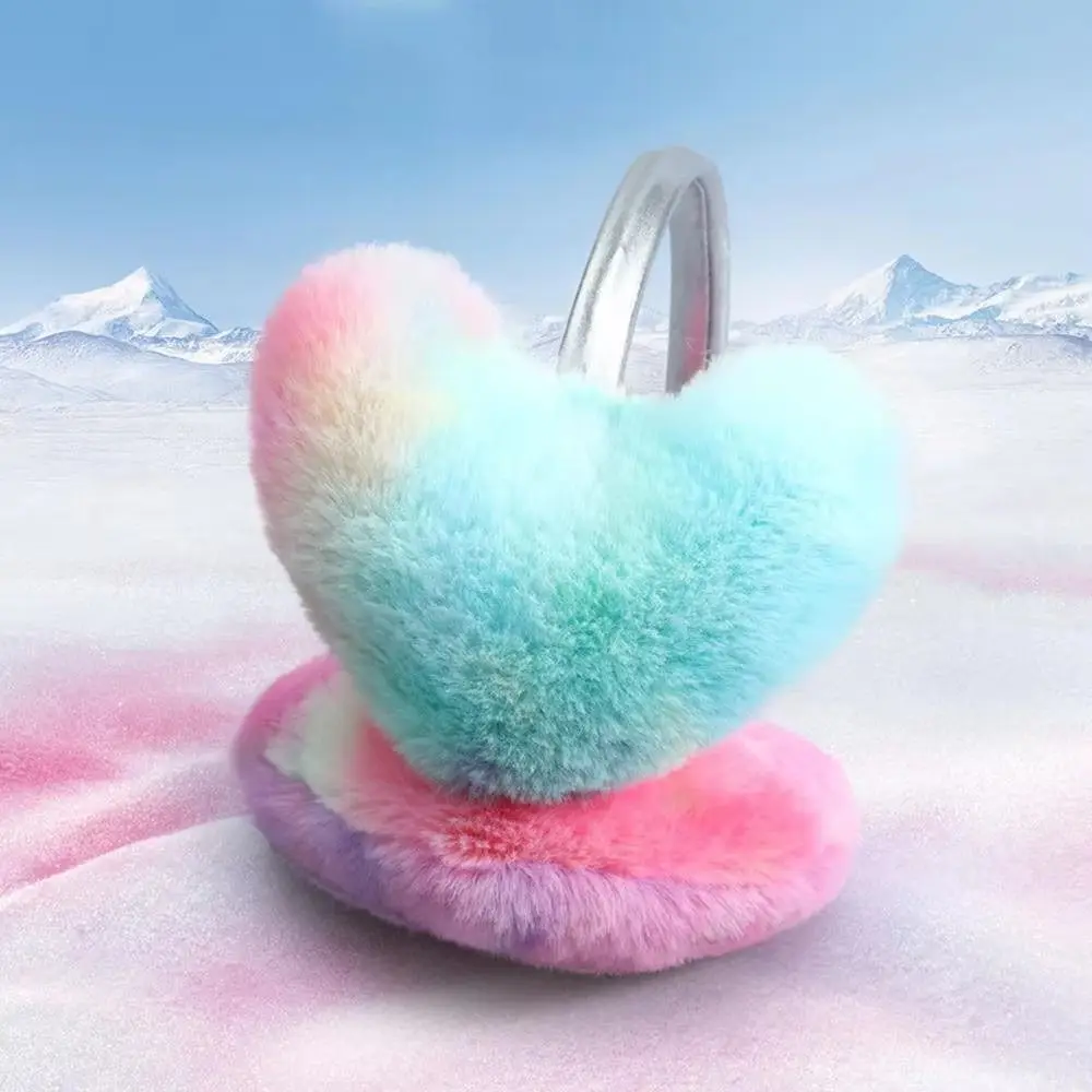 Creative Plush Ear Warmer Rainbow Color Thickened Ear Cover Heart-Shaped Winter Warm Ear Protection Earmuffs for Women