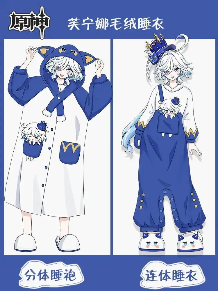 

Anime GAME Genshin Impact Furina Jumpsuit Pamas Flannel Plush Night Gown Leisure Wear Female Warm Thickening Night-Robe