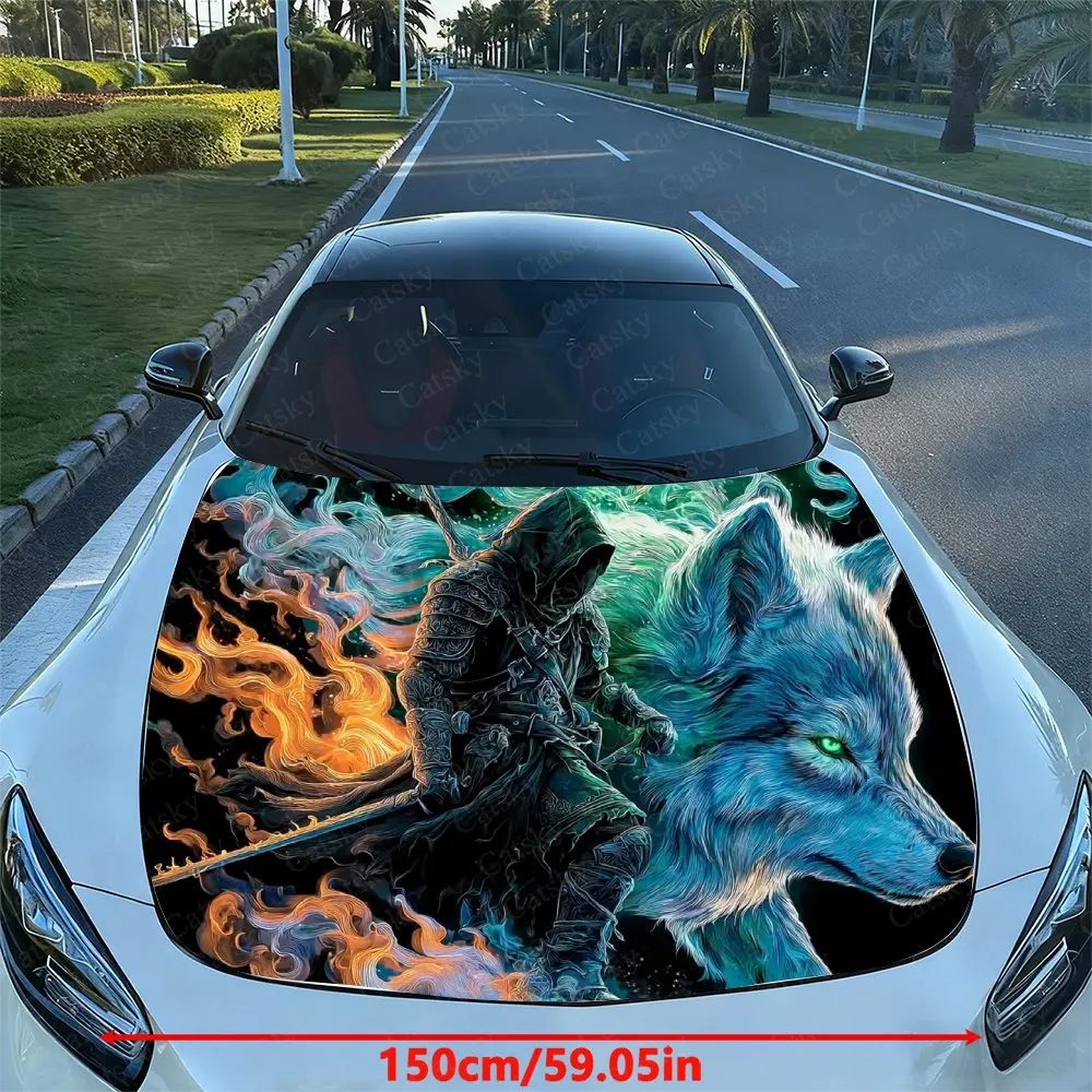 Ice Fire Wolf Shadow Assassin Car Hood Sticker, Easy To Install And Remove, Independence Day Car Decoration, Suitable For A-clas