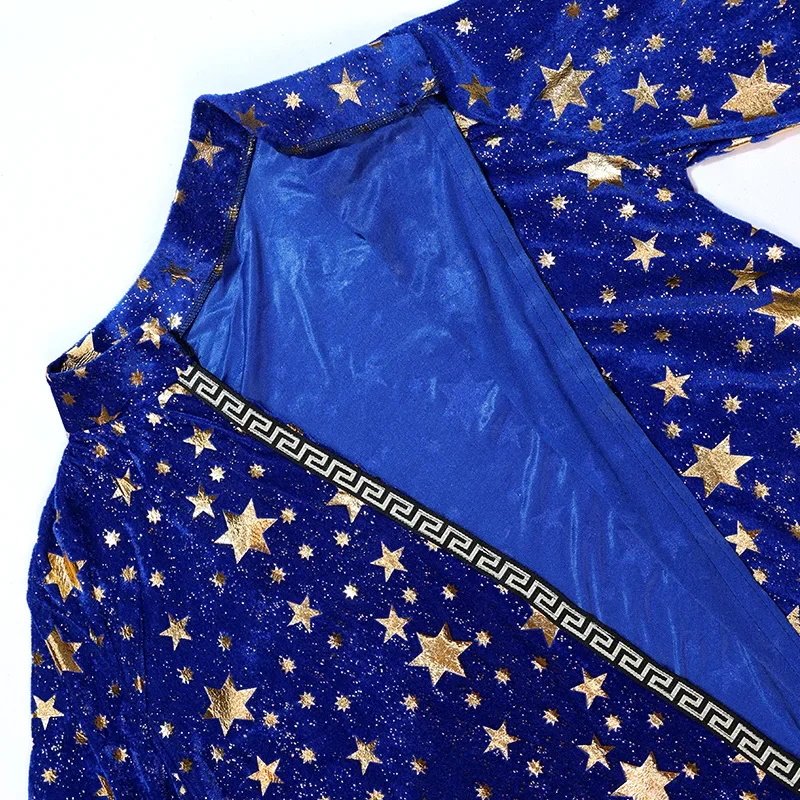 Men Magic Magician Costume with Blue Robe Cloak Hat Star Moon Magician Wizard Cosplay Costume Adult Role Playing Clothing