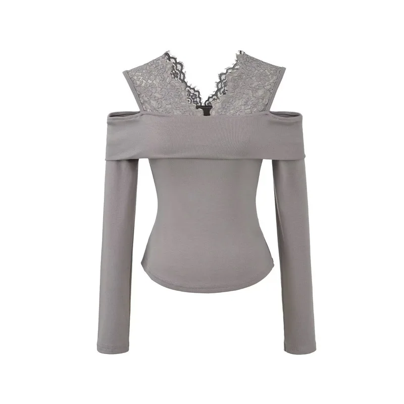 Elegant One-Shoulder Long-Sleeved T-Shirt for Women Lace-Spliced Off-Shoulder Design Unique And Atmospheric Top