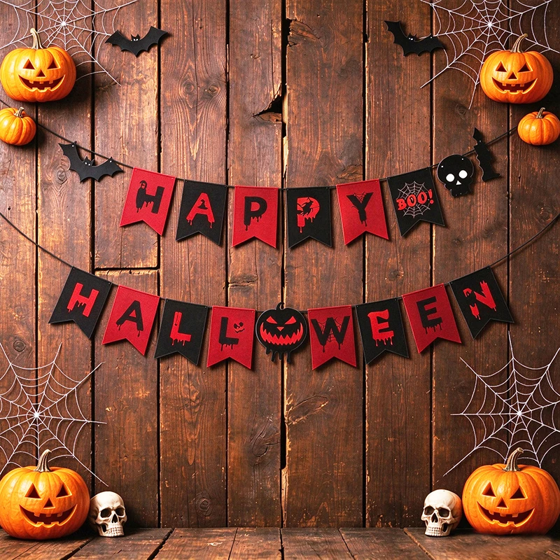 Drapeaux de fête sur le thème de Halloween, drapeaux de célébration en papier pour la maison, décoration de dessins animés sorcière, chauve-souris, citrouille pour garçons et filles