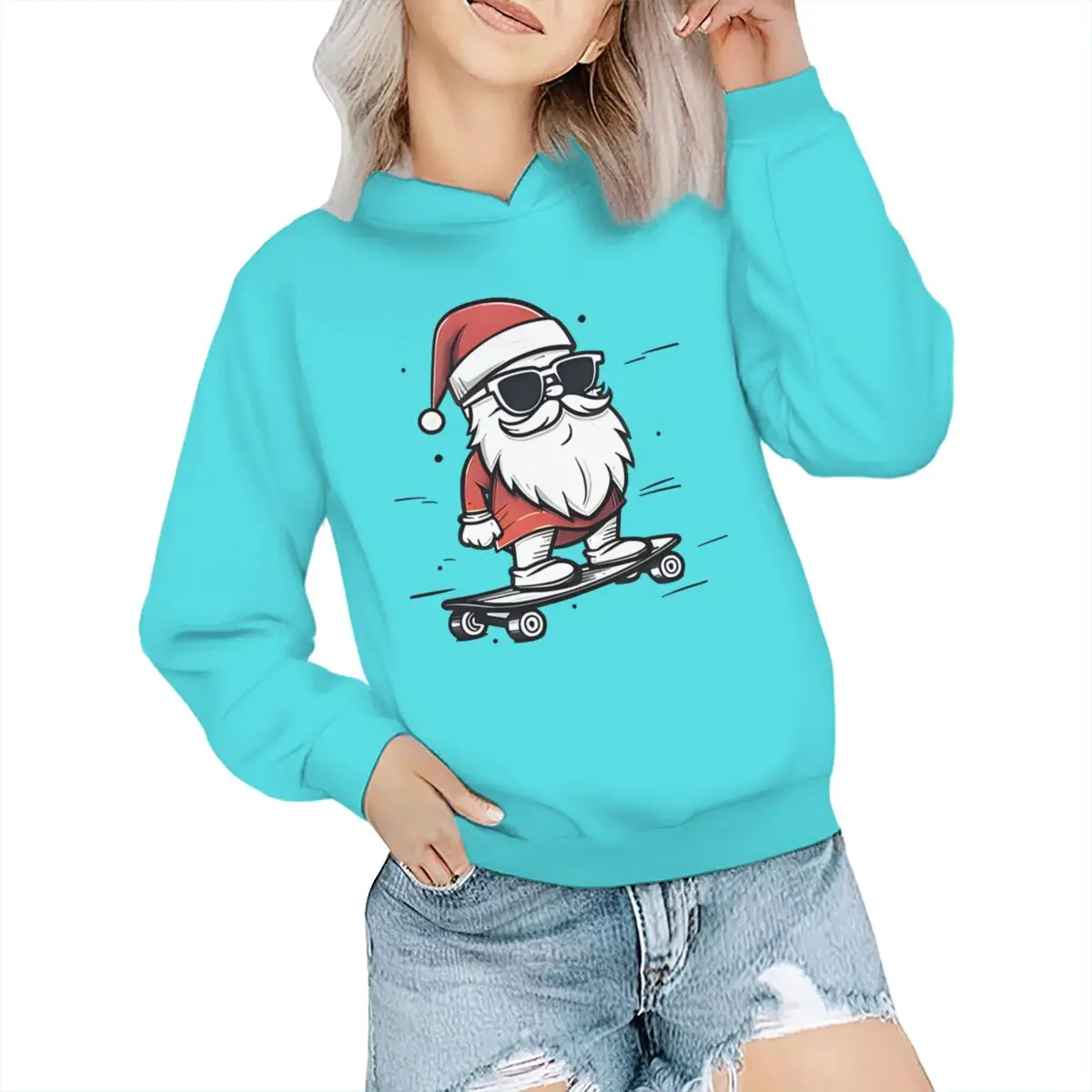 Boys Santa Claus Skateboard Graphic Sweatshirt Hoodie Festive Holiday Outfits Gifts Clothes Christmas Santa Skateboard Hoodies