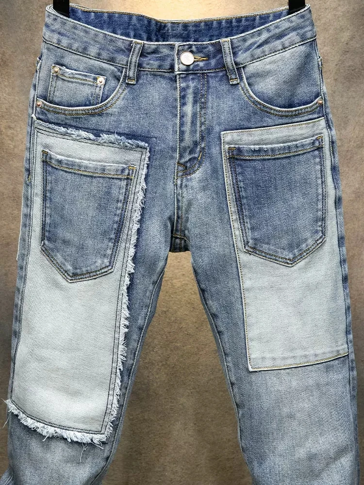 Fashion Trendy Men Jeans Spliced Designer Retro Blue Stretch Slim Fit Ripped Jeans Men Multi Pockets Hip Hop Denim Pants Hombre