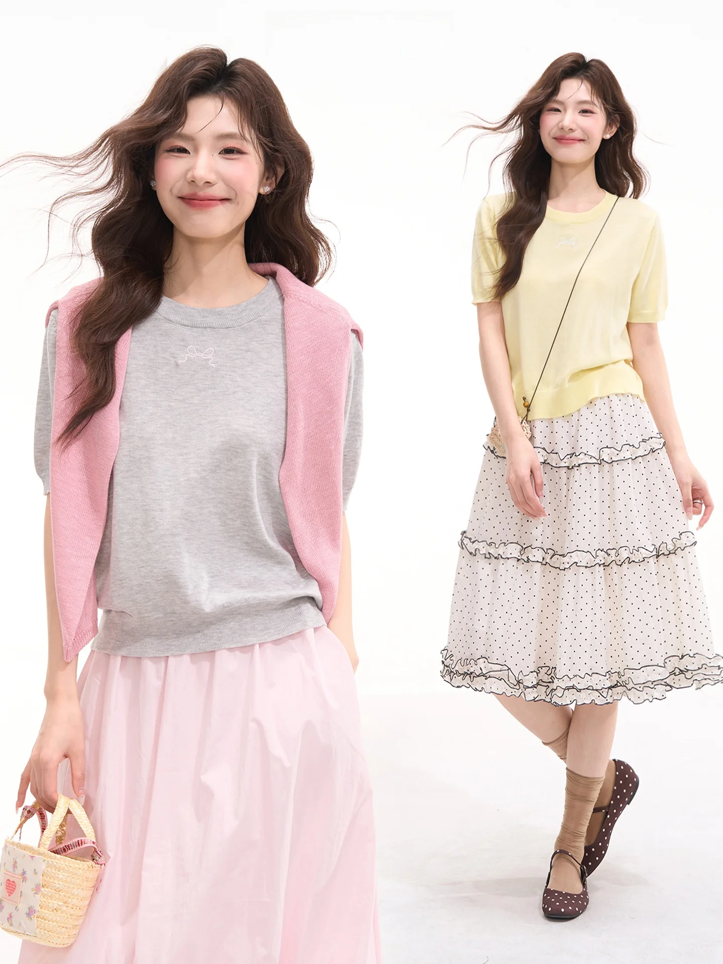 

Heme Summer Light Oxygen Wool Knitted Short Sleeve Shirt Women's Vintage Style Embroidered Knot Polyester Blend