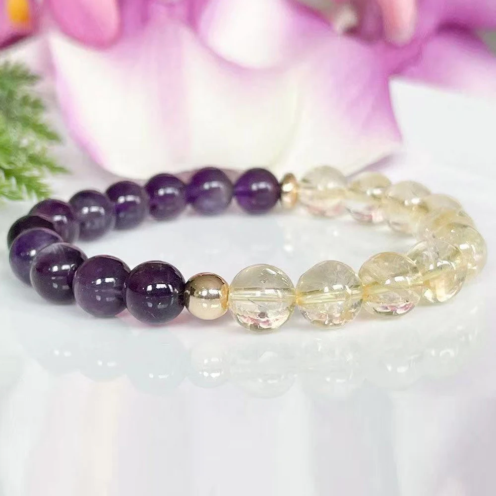 MG1574 Natural Citrine Amethyst Gemstone Womens Bracelet Healing Crystals Mala Beaded Bracelet Anxiety Relief Yoga Gift Idea