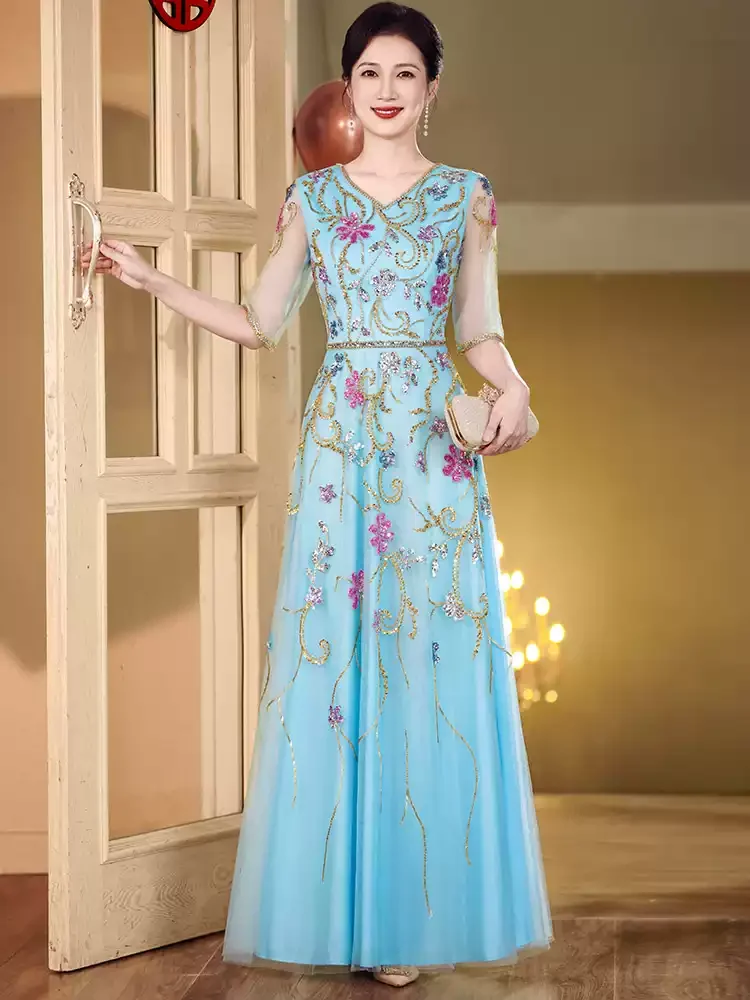 

Luxury Blue Evening Gown Custom Sequin Beading Dress for Party Prom Boutique