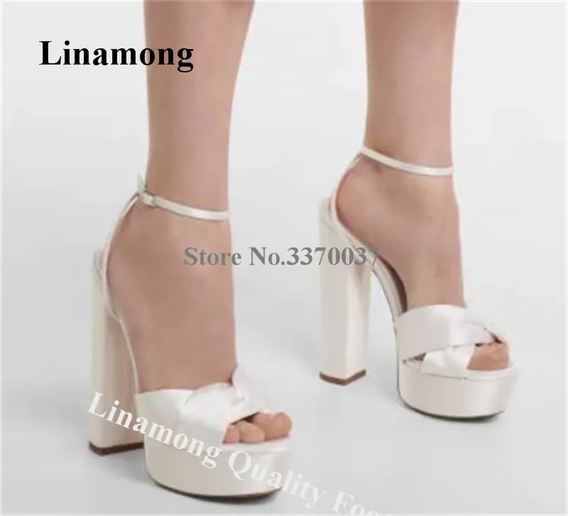 White Satin Chunky Heel Sandals Linamong Newest Bowtie High Platform Thick Heel Party Shoes Wedding Ankle Straps High Heels