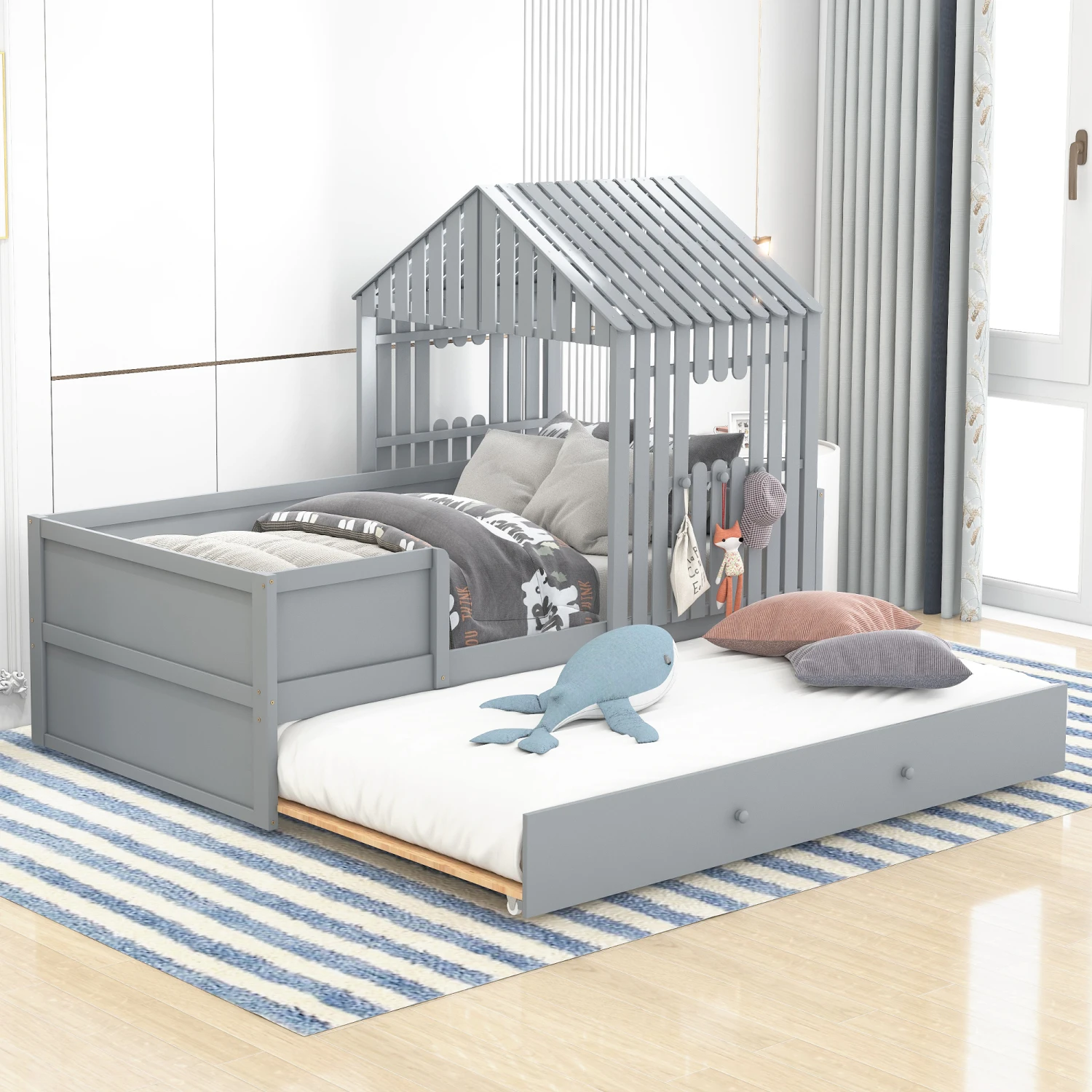 

Twin Size House Low Loft Bed with Trundle,Gray