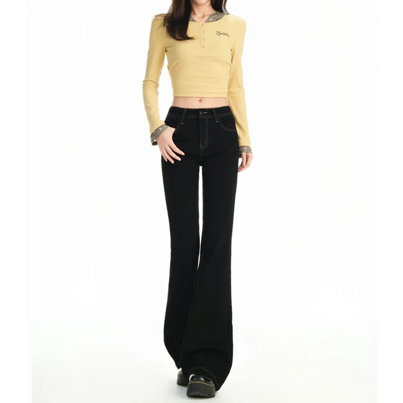 2025 mujeres coreanas sólido fino Jeans nueva moda para chicas pantalones de pierna recta de cintura alta señora Chic Slim Fit pantalones de mezclilla