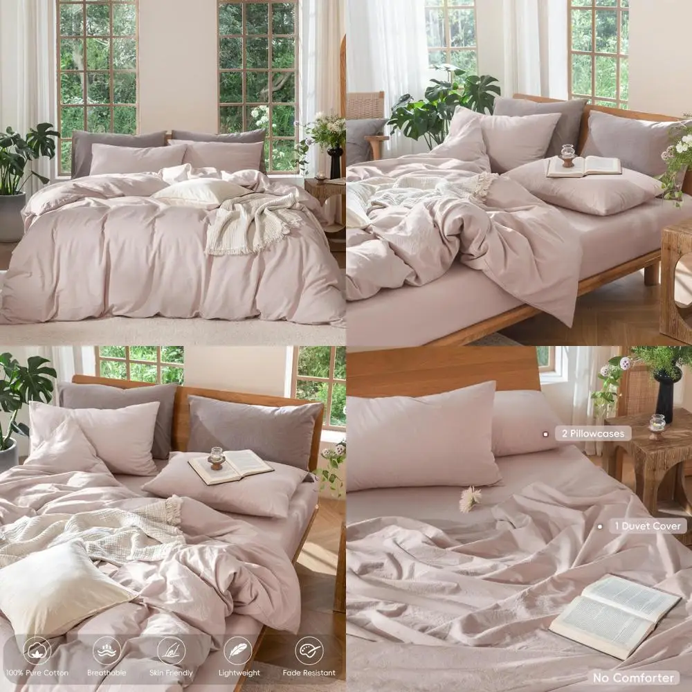 

100% Cotton Linen-Like Duvet Cover Set, Breathable, Durable, Soft and Comfortable, Heathered Greyish Pink, Full Size, Bedding En