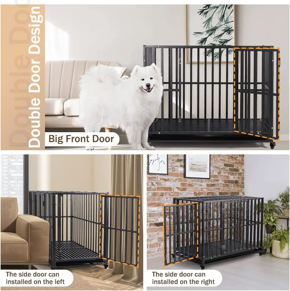 Heavy Duty Dog Crate-42 inch Large Metal Dog Cage with 2 Doors and 4 Wheels, Stackable Dog Kennel for Large & Medium Dogs