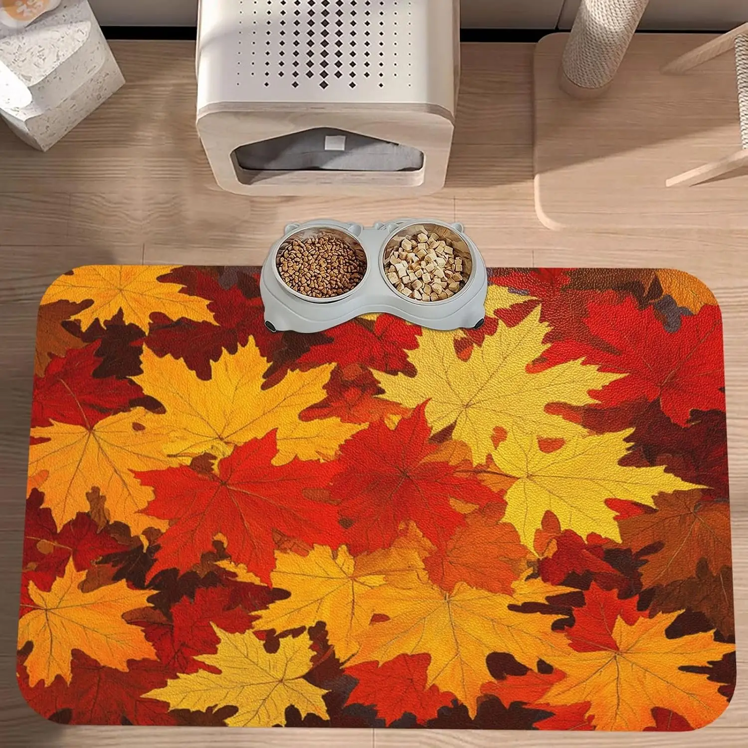 Maple Leaves Autumn Pet Feeding Mat Large Dog Food Mats Absorbent Leather Placemat for Dogs Cats Bowl Mat Food