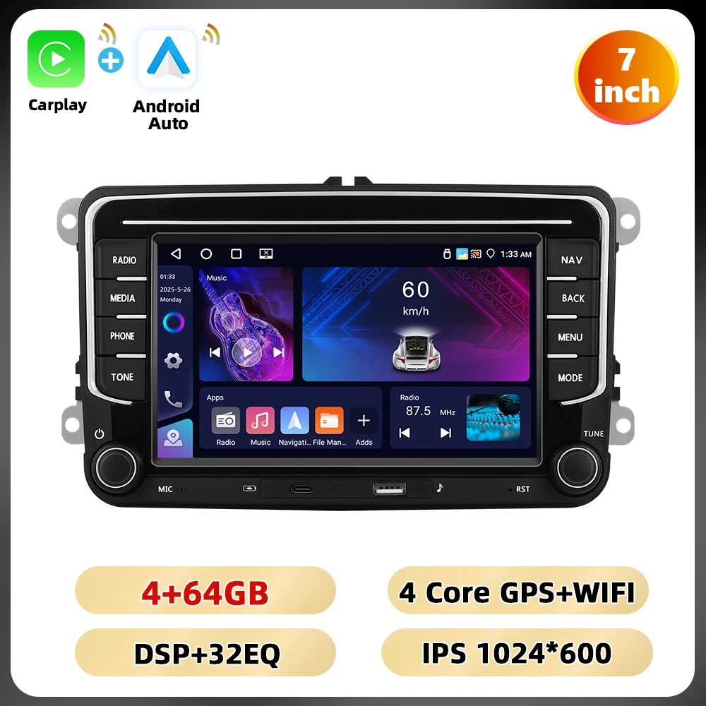 Podofo 7 ''4 + 64G Autoradio Voor VW/MAGOTAN/PASSAT/CADDY/POLO Multimedia Speler WIFI Carplay Android Auto EQ GPS Type-C Auto Stereo