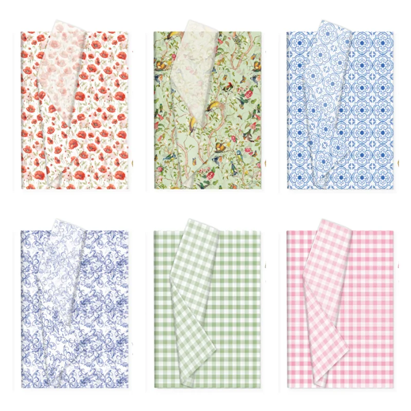6 Designs Printed Tissue Paper Pack 50 Sheets Each Floral & Gingham Patterns for Birthday Wedding DIY Crafts Gift Wrapping