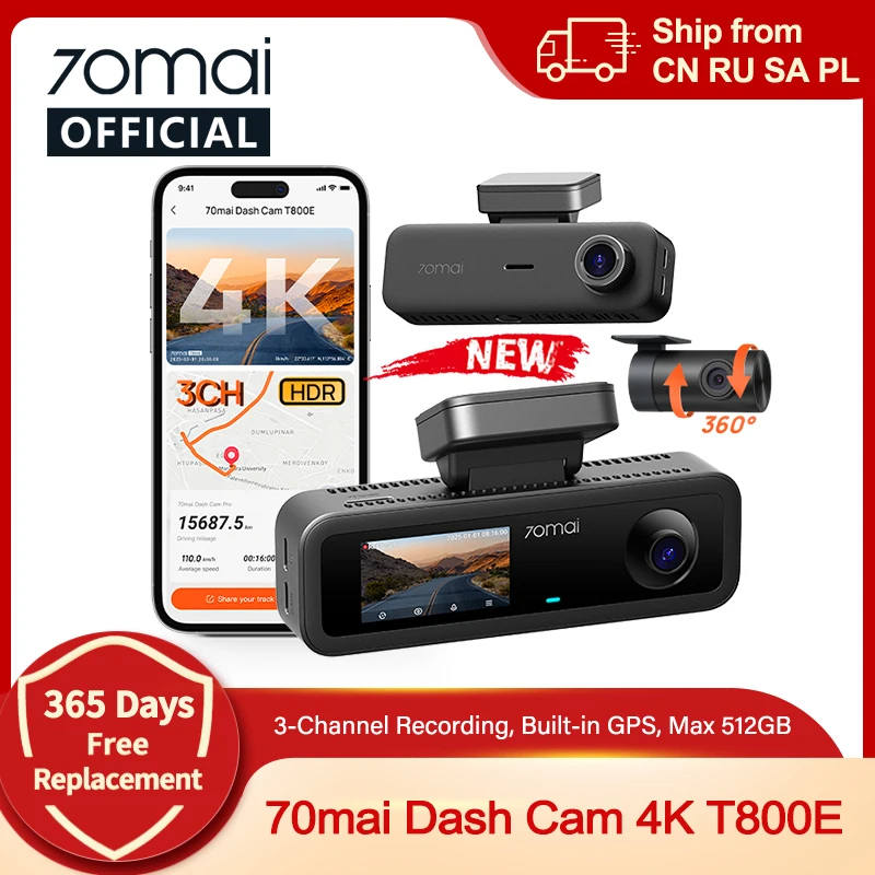 70mai 4K T800E 3-Channel Dash Cam Front Rear Interior Voice Control Support 24 hours Parking Supercapacitor GPS T800E 4K Car DVR
