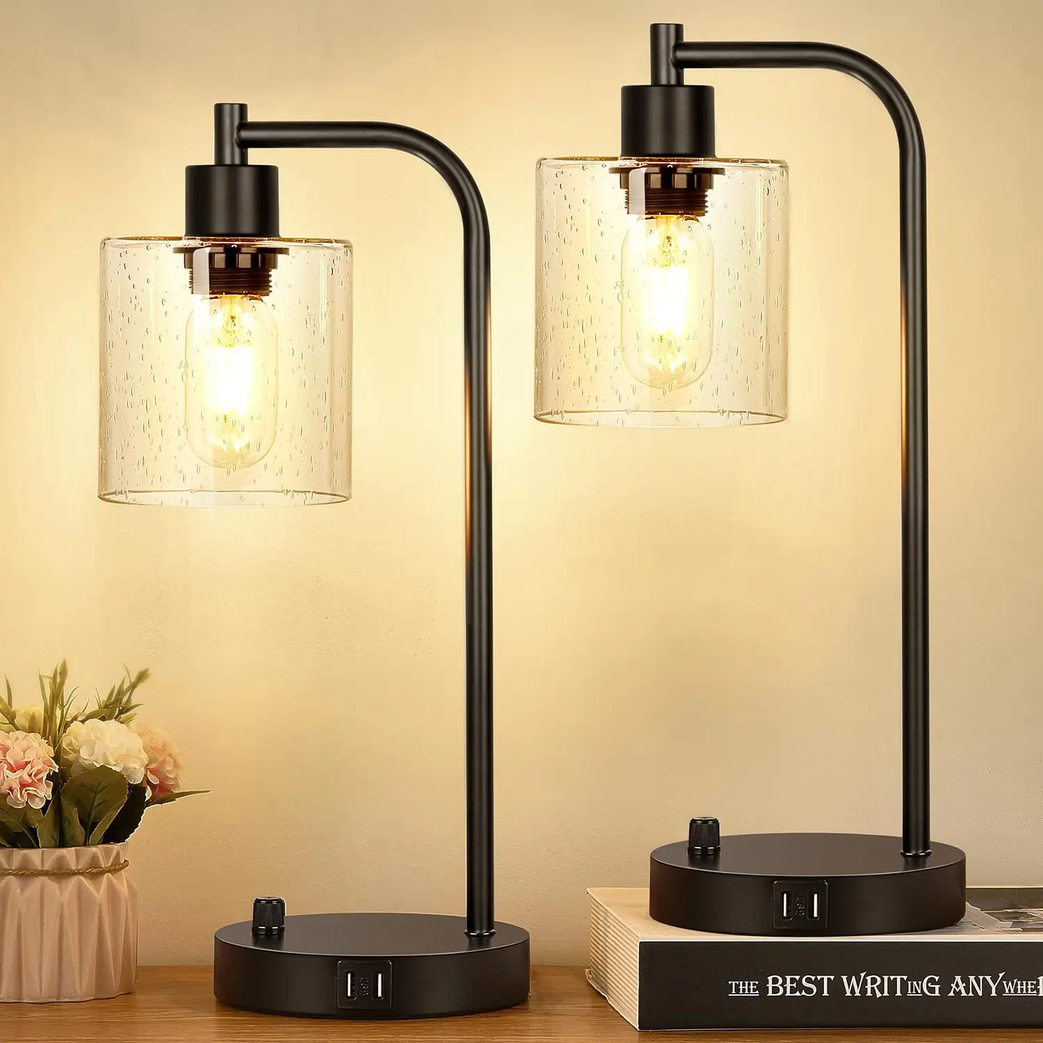 

Set of 2 Industrial Table Lamps with 2 USB Port, Fully Stepless Dimmable Bedside Lamps for bedrooms