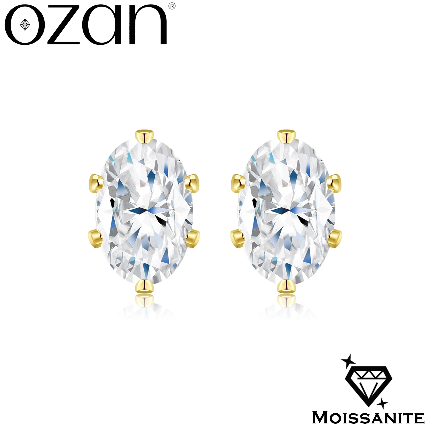 OZAN 100% Real Moissanite Earrings Stud Oval Shaped 18k Yellow Gold Plated Fashion Trendy Gemstone Jewelry for Women Ladies