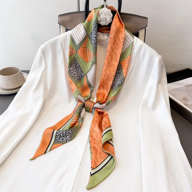 New print double-layer scarf decorative silk scarf commuting summer diagonal hair tie versatile narrow sash