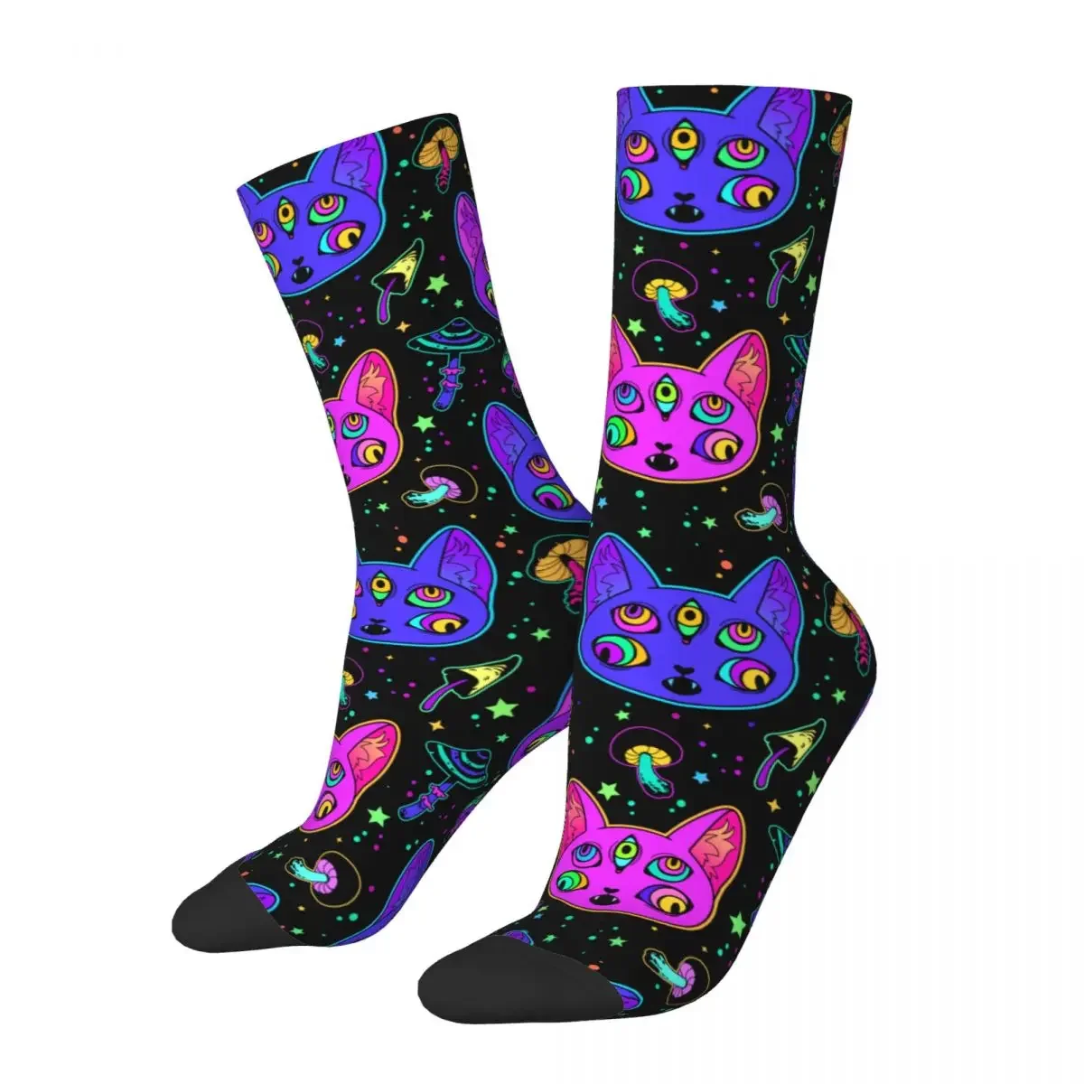 

Harajuku Psychedelic Cat Soccer Socks 3D Printing Crew Socks for Unisex Sweat Absorbing