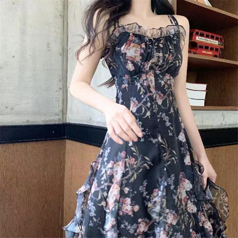 

Summer Floral Retro Mini Dress Sleeveless Backless Spaghetti Straps Beach Sundress Vintage Bohemian Black Red Dress Women