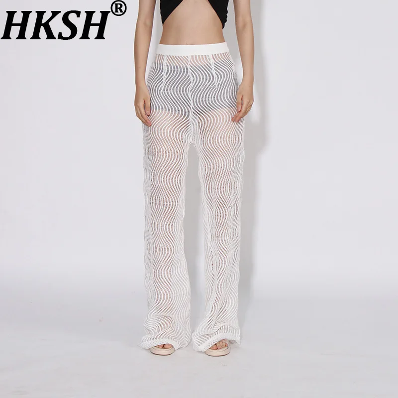 HKSH Women Chic Sexy Pants Straight High-end Niche Design Lace Sheer Mesh Draped Trend Fashion Bottoms New Spring Summer HK20670