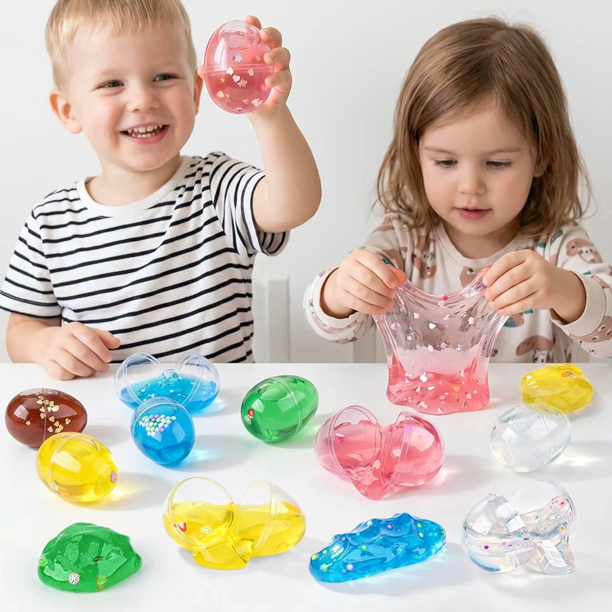 1pc Brown Egg Slime Clear Plastic Gold Foil Non-Sticky Kids Stress Toy.