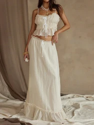 Y2k Womens 2 Piece Maxi Skirt Set Ruffles Lace Up Sleeveless Tank Top and Flowy Long Skirt 2024 Summer Beach Outfits Streetwear