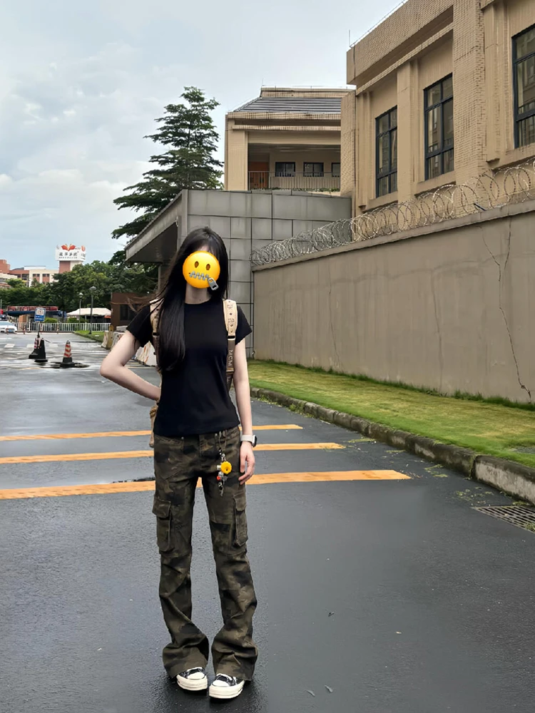 

American Retro Camouflage Multi-Pocket Work Pants Women Summer Design Slimming Wide Leg Pants High Waist Straight Cut Trousers