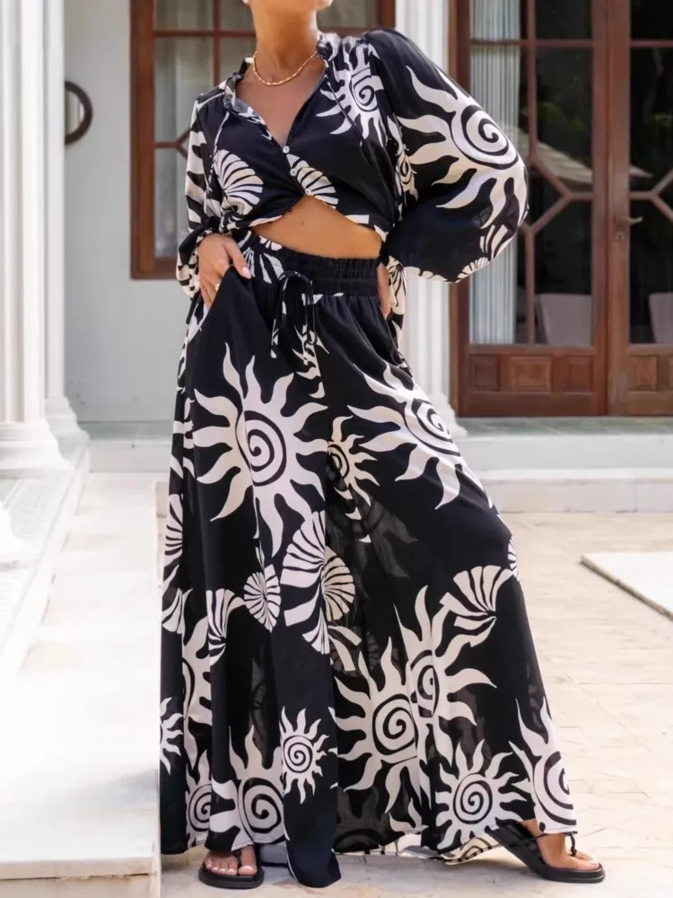 レディース ボヘミアン パラッツォパンツ ワイドレッグ ヨガ ラップタイアップ ウエストバンド ビーチカバーアップ トラウザーズ ソフトで通気性のあるルーズパンツ 2026年夏