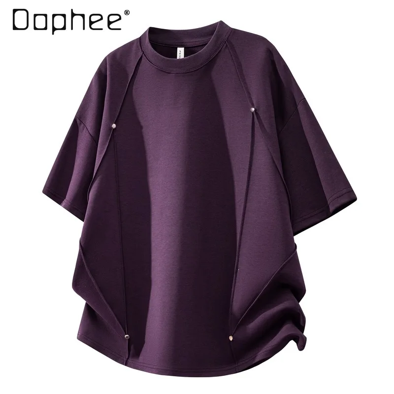 Summer Streetwear Irregular Wrap Split Hem Rivet Loose Fit Oversized Round Neck Daily Casual Purple White Gray T-Shirt for Men