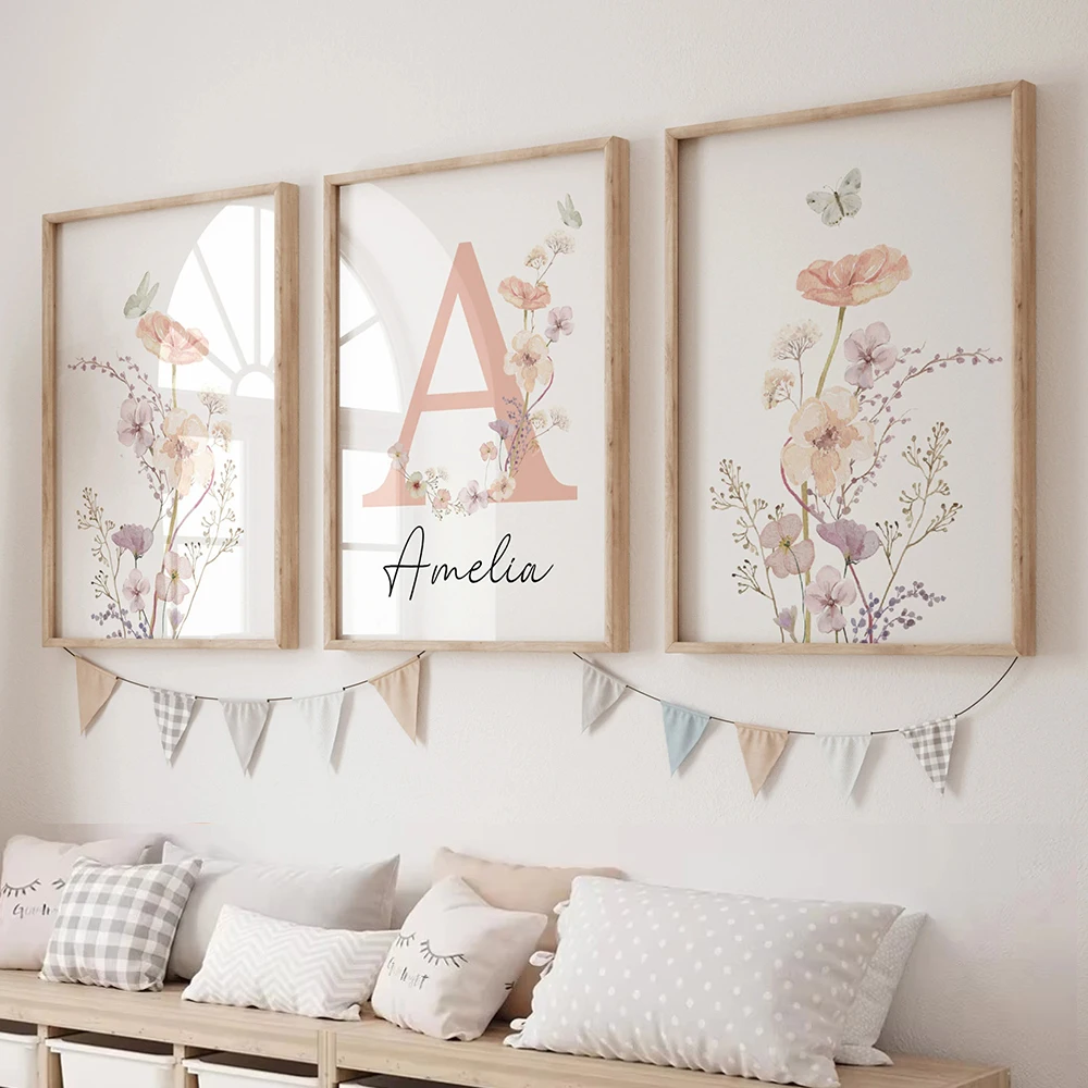 3pcs/set Personalized Custom Name Wildflower Nursery Wall Art Poster Pink Flower Canvas Print for Baby Girl Bedroom Home Decor