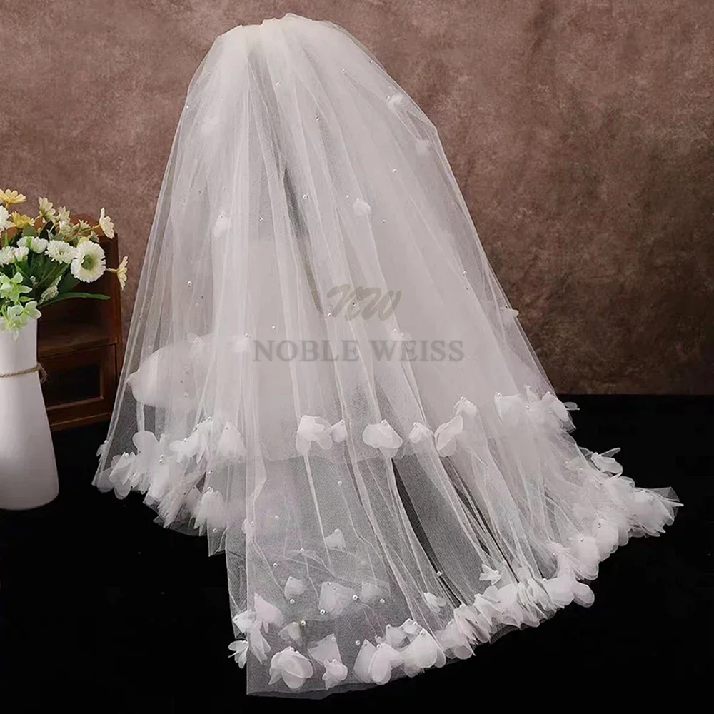 真珠ブライダルベール-2t-ベール-3d-花ウェディングベールコーム付きショートビーズウェディングベールカスタマイズ