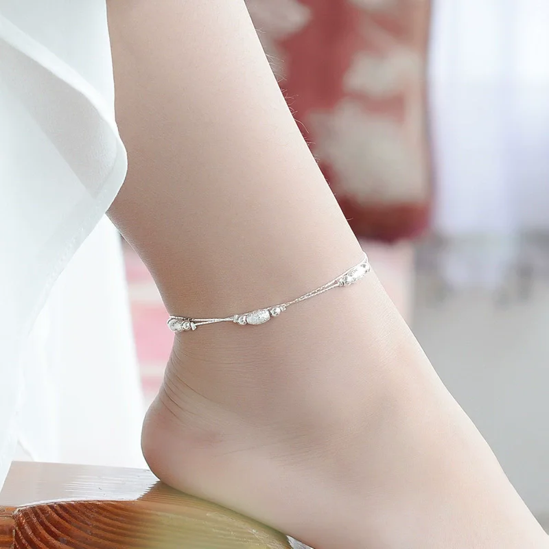 925 Sterling Silver Fashion Elegant Oval Frosted Bead Pendant Double Layer Anklets Women Jewelry Gift Summer Foot Chain Bracelet 2