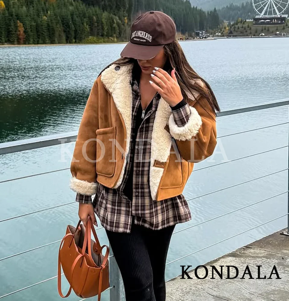 

KONDALA осень-зима утепленная флисовая теплая куртка пальто женское пальто с карманами на пуговицах 2025 модное простое повседневное женское пальто