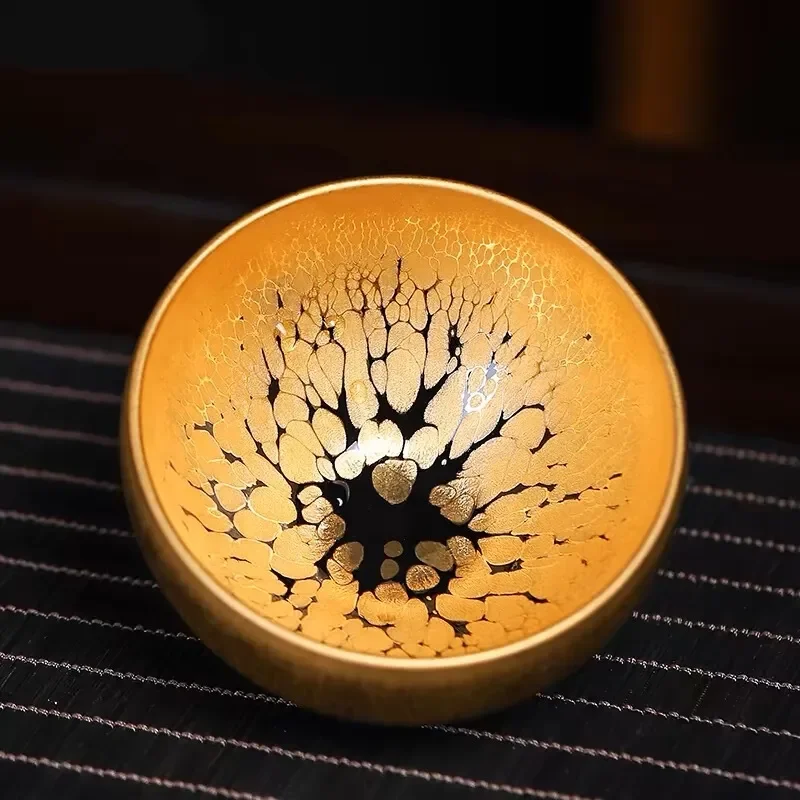 Jinzhan Gold Oil Drop Master Vessel, Iron Tire Black Glaze Gilt Ceramic Bowl, Pure Handmade Tianmu Craft
