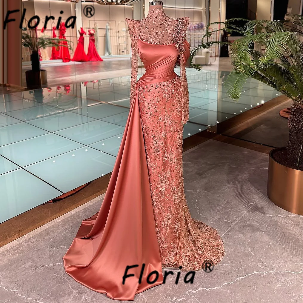 

Luxury Crystal Beads Party Dresses Mermaid Long Sleeve Lace Appliques Prom Gown Customized Fromal Evening Robe Vestidos de Gala