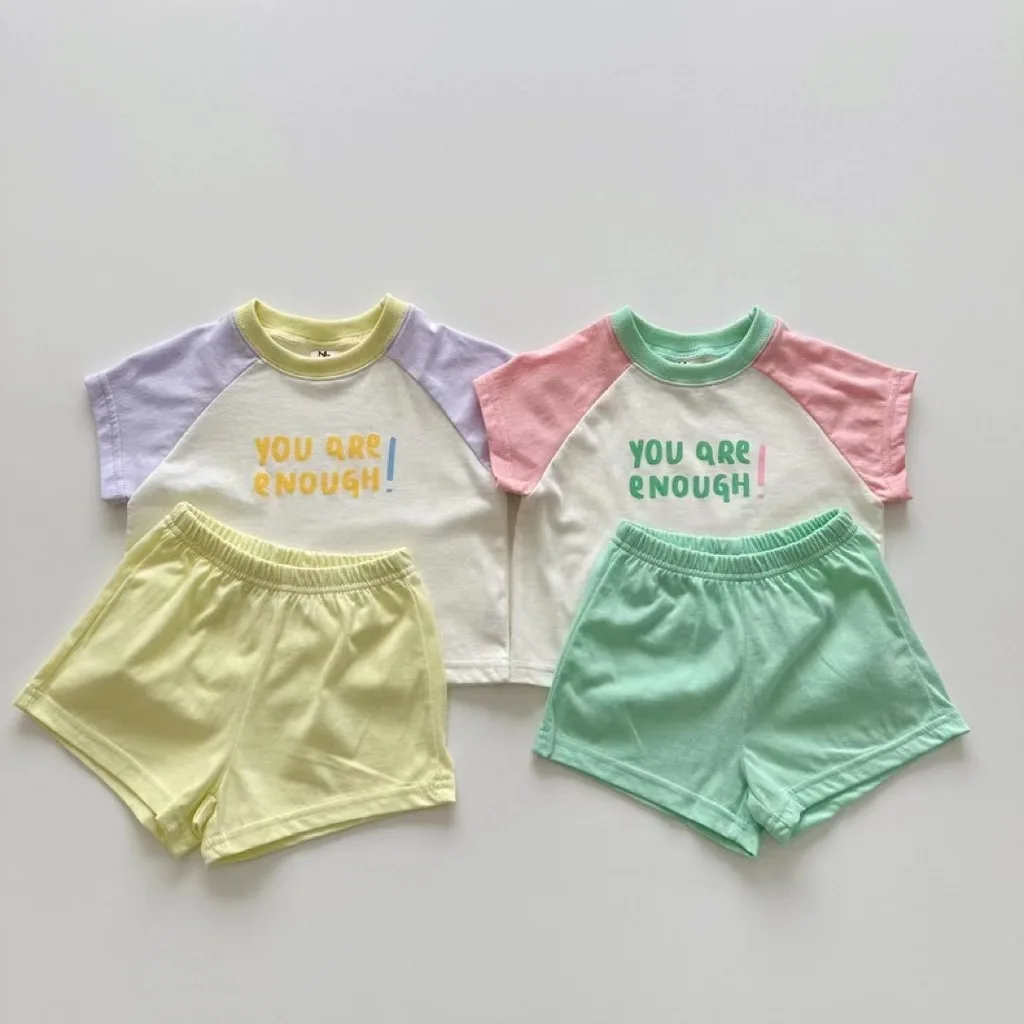 

Baby Clothes Korean Style Summer Fresh Playful Set 2024 New Boys Girls Letter Printed Top Round Neck T Shirt Shorts Two Sets