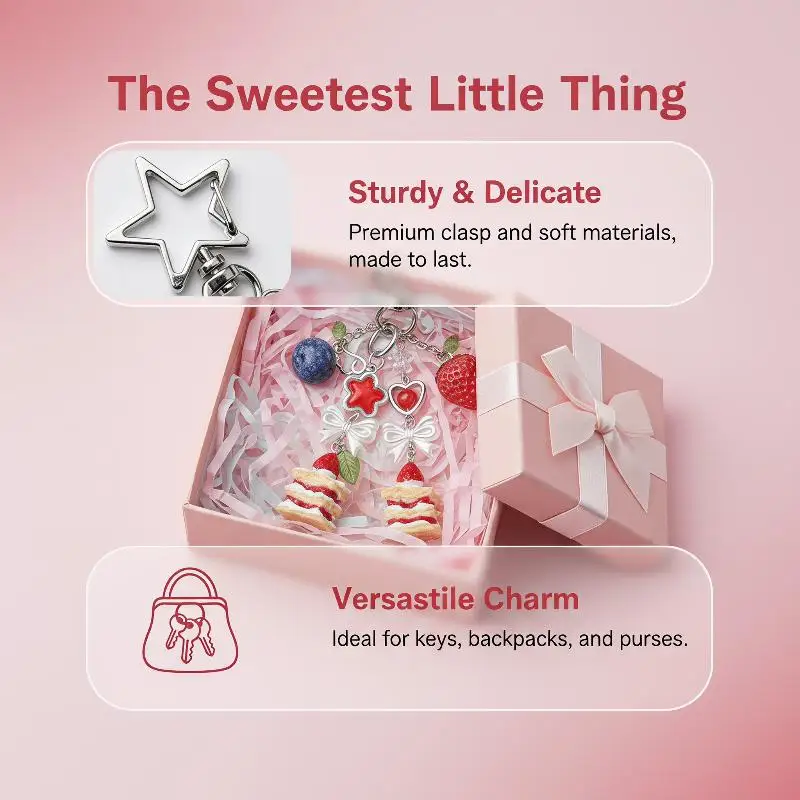 Erdbeerkuchen-Schlüsselanhänger, handgemachter Mini-Lebensmittel-Anhänger, süßer Schmuck für Frauen und Mädchen, Taschendekoration, Geschenk – Detail 7