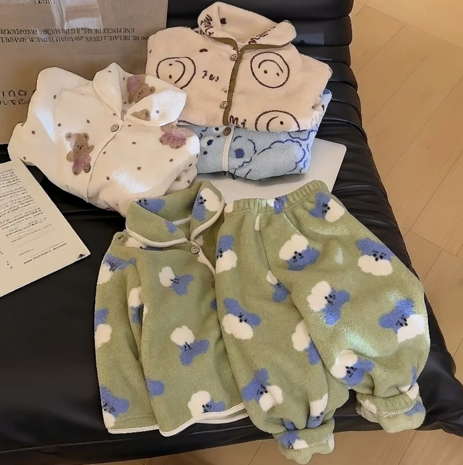Fleece Children's Homewear Suit Cartoon Print Kids Sets and Outfits Warm Kids Pajamas Thicken Zip Up Coat& Warm Pants Set