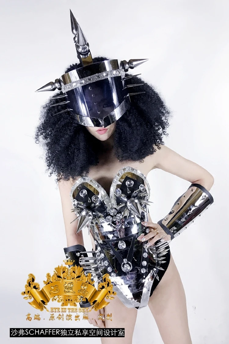 GOGO Armor Mirror Metal Women's DS Performance Dress Dance Team Party Heavy Metal Helmet Performance Dress Halloween