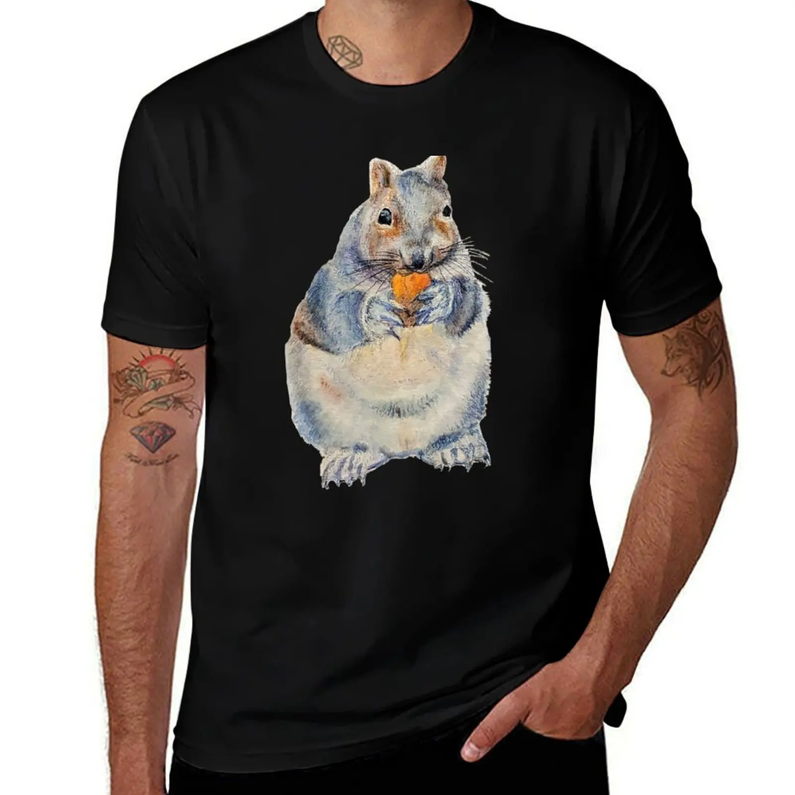 Hungry Squirrel Preparing for Winter, Mixed Media T-Shirt Functional Casual Short Sleeve Tee