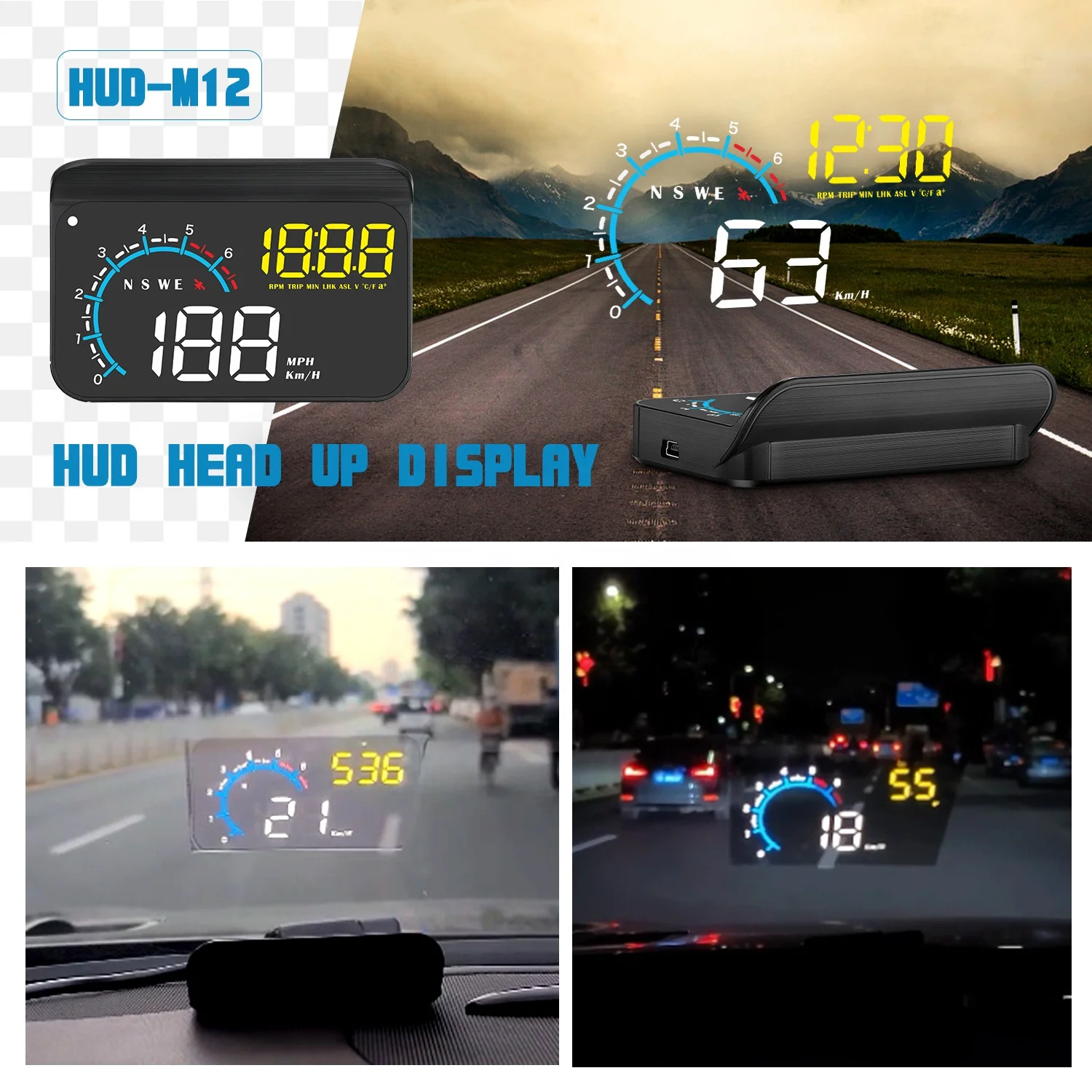 Car Head-Up Display M12 OBD2+GPS Dual Systems OLED Dashboard HUD Easy Install Universal for All Cars Multi-alarms/display mode