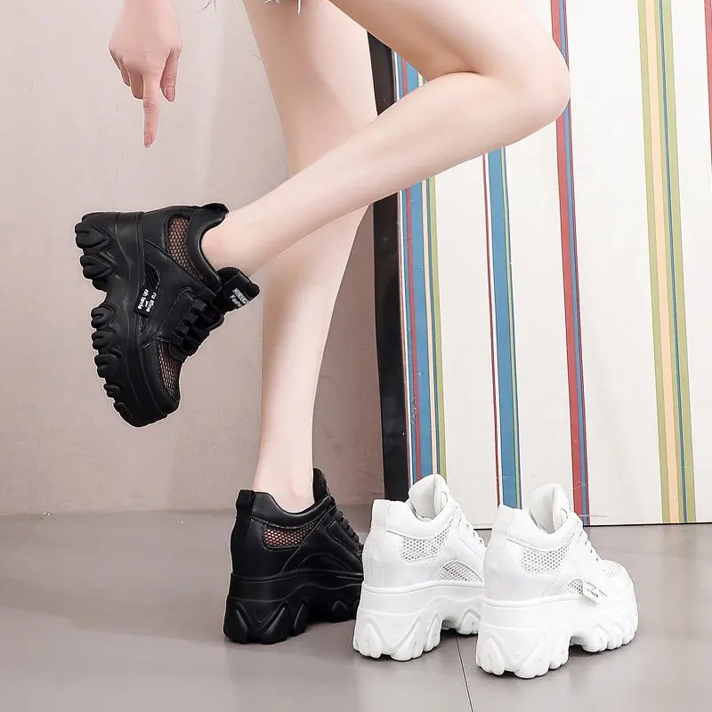 Breathable Mesh Chunky White Sneakers Women Summer 2024 Hollow Out Mesh Platform Sandals Woman Height Increased Casual Shoe 10CM