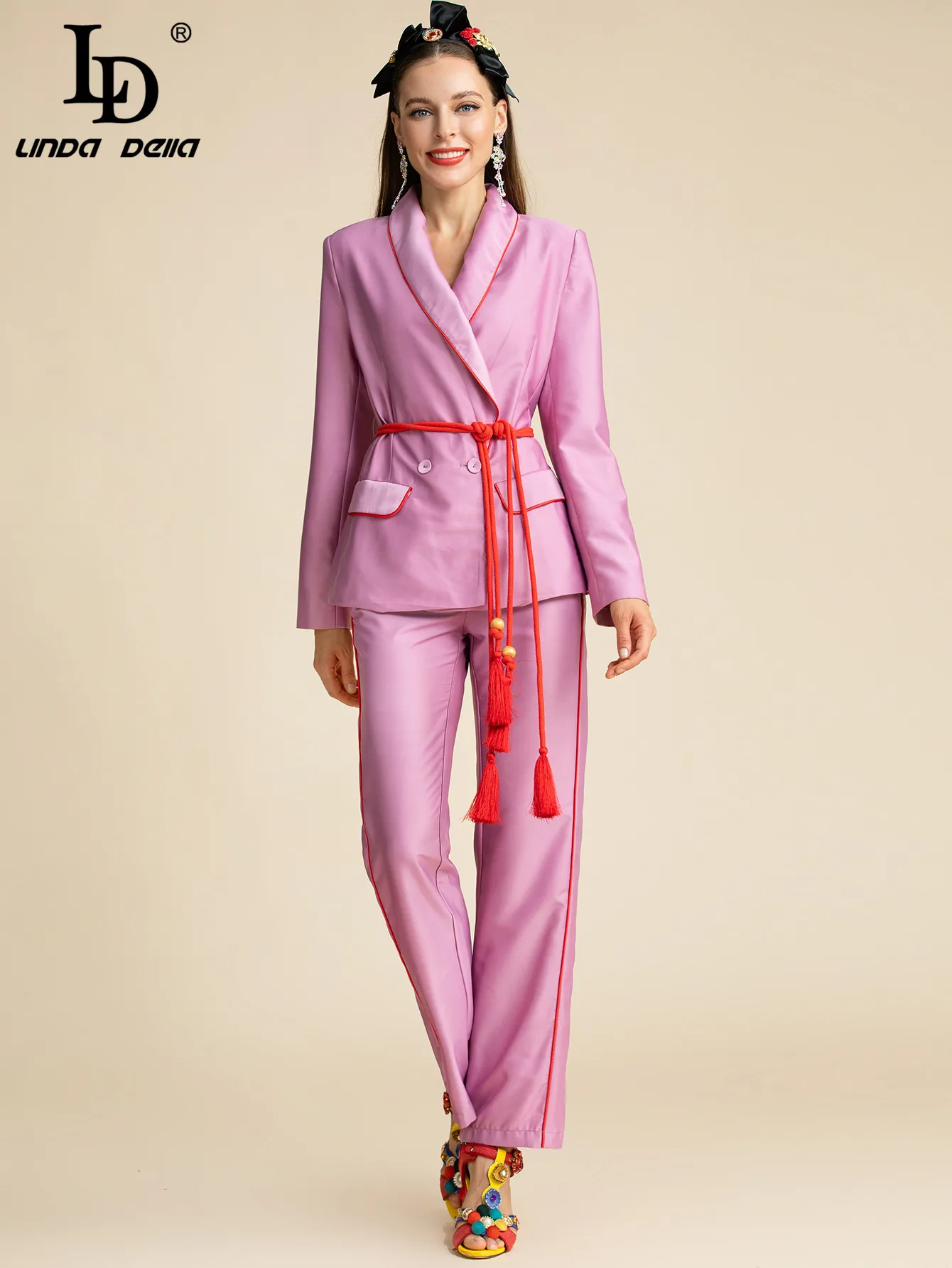 LD LINDA DELLA Fashion Designer Autumn Purple Pants Suit Women's Slim Long sleeve Belted Blazer and Pants Two Pieces Sets