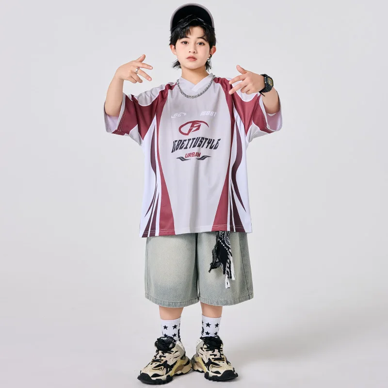 

Kid Kpop Hip Hop Clothing Gray Red V Neck T Shirt Casual Denim Wide Jeans Shorts for Girl Boy Jazz Dance Wear Costumes Clothes