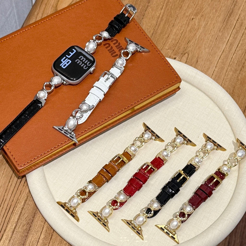 

Модный белый кожаный ремешок с круглыми бусинами и цирконами для Apple Watch Series 8/7/6/10, 40 мм, 41 мм, 38 мм, 42 мм, 44 мм, 45 мм, 46 мм