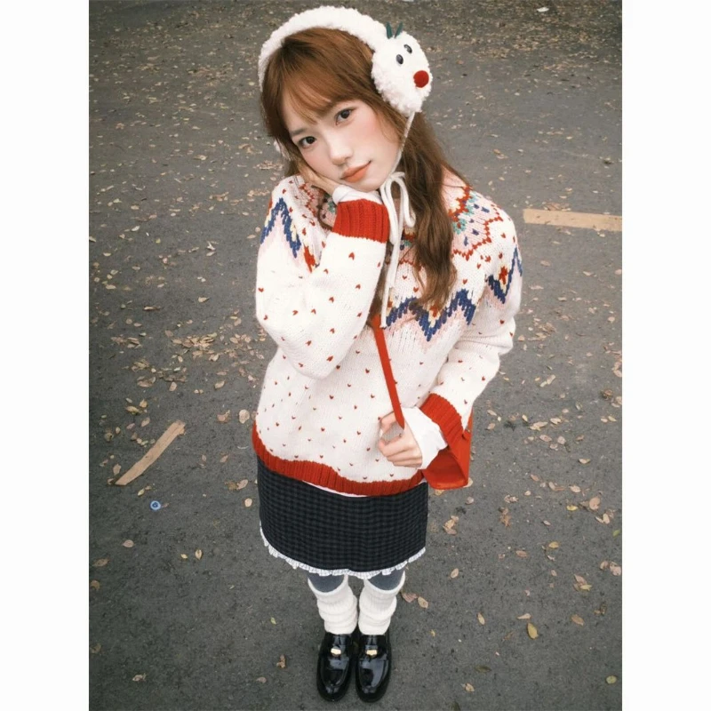

Deeptown Vintage Sweet Knitted Pullovers Women Preppy Style Long Sleeve Sweater Retro Fashion Casual Autumn Winter Pullovers