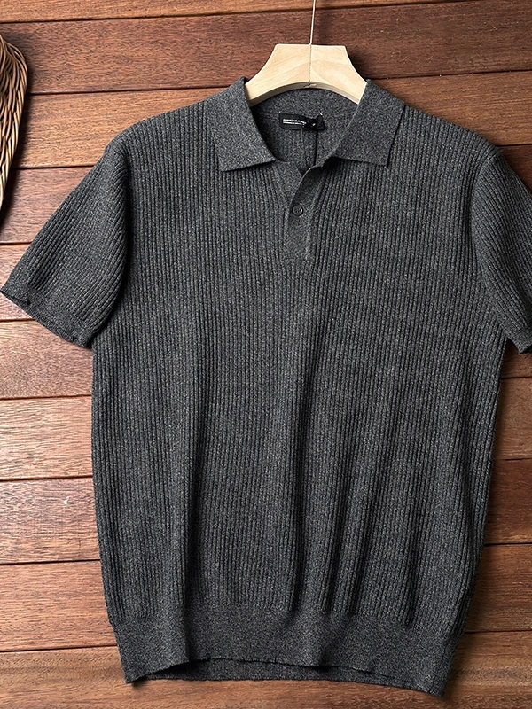  Quality Men's Soft Fine Knitted  Shirt Short Sleeve Texture Stripes Spring Summer New Arrival Breathable Cotton...